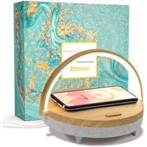 imageEZVALO Birthday Gifts for Women Music Table Lamp with Wireless Charger 4 in 1 Touch Bedside Lamp Bluetooth Speaker Phone Holder Dimmable LED Night Lights Gifts for Women Men Dad MomWood Grain