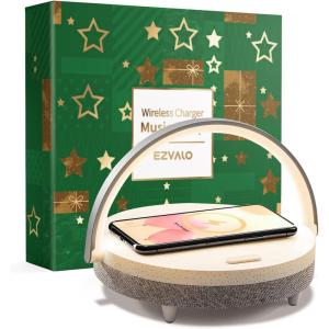imageEZVALO Birthday Gifts for Women Music Table Lamp with Wireless Charger 4 in 1 Touch Bedside Lamp Bluetooth Speaker Phone Holder Dimmable LED Night Lights Gifts for Women Men Dad MomGrey White
