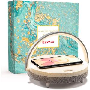 imageEZVALO Birthday Gifts for Women Music Table Lamp with Wireless Charger 4 in 1 Touch Bedside Lamp Bluetooth Speaker Phone Holder Dimmable LED Night Lights Gifts for Women Men Dad MomWhite