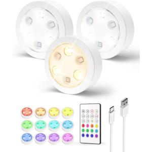 imageEZVALO Puck Lights with Remote14 Colors RGB Under Cabinet Lighting1200mAh Rechargeable Display LightsLED Under Cabinet Lighs for KitchenWireless Tap Lights for ShelfCounterCloset6 PacksWhite