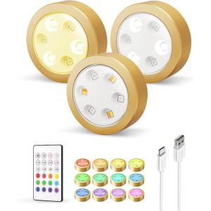 imageEZVALO Puck Lights with Remote14 Colors RGB Under Cabinet Lighting1200mAh Rechargeable Display LightsLED Under Cabinet Lighs for KitchenWireless Tap Lights for ShelfCounterCloset6 PacksPure Gold