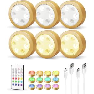 imageEZVALO Puck Lights with Remote14 Colors RGB Under Cabinet Lighting1200mAh Rechargeable Display LightsLED Under Cabinet Lighs for KitchenWireless Tap Lights for ShelfCounterCloset6 PacksGold