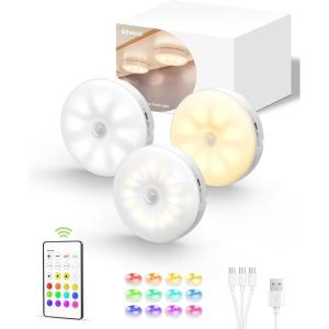 imageEZVALO Under Cabinet Lighting Rechargeable Battery Operated Puck Lights with Remote 3 Color Temps ampamp12 RGB LED Motion Sensor Lights Indoor Dimmable Magnetic Under Counter Lights for Kitchen 6 PackWhite