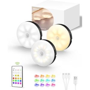 imageEZVALO Under Cabinet Lighting Rechargeable Battery Operated Puck Lights with Remote 3 Color Temps ampamp12 RGB LED Motion Sensor Lights Indoor Dimmable Magnetic Under Counter Lights for Kitchen 6 PackBlack