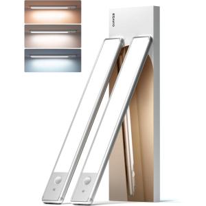 imageEZVALO Under Cabinet Lighting98LED Motion Sensor Light Indoor 3 Color Temps1900mAh Rechargeable Closet Lights Wireless Dimmer Battery Powered Operated Lights for BedroomWardrobeStairs 2 PackSilver