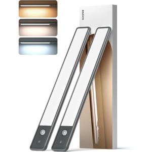 imageEZVALO Under Cabinet Lighting98LED Motion Sensor Light Indoor 3 Color Temps1900mAh Rechargeable Closet Lights Wireless Dimmer Battery Powered Operated Lights for BedroomWardrobeStairs 2 PackGray