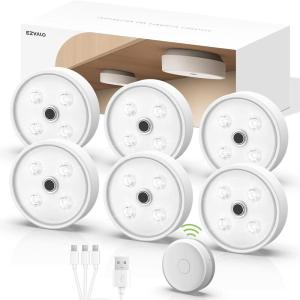 imageEZVALO Under Cabinet Lights 2 Color Temperatures Motion Sensor Puck Lights Rechargeable LED Closet Lights Group Control Dimmable LED Under Counter Lights for Kitchen Cabinet Hallway 6 Pack