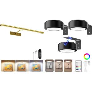 imageEZVALO Picture Light for Wall 4800mAh Rechargeable Wireless Remote 16in Dimmable Magnetic LED Art Display Light with 3 Color Temperatures for Gallery Living Room Bedroom Hallway Gold