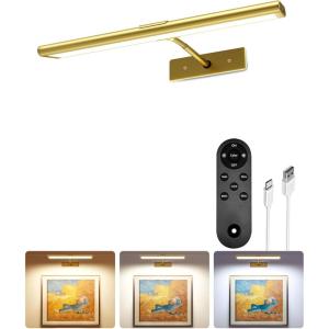 imageEZVALO Picture Light for Wall 4800mAh Rechargeable Wireless Remote Battery Lights for Painting 16In Dimmable Magnetic LED Art Display Light Colors Temperatures for Gallery Living RoomHallwayGold