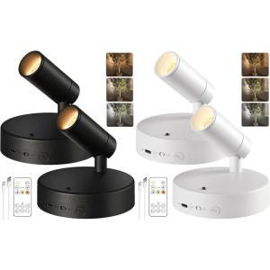 imageEZVALO Spot Lights Indoor5500mAh Rechargeable Plants Spotlights with RemoteWireless Mini Art Accent Spot Lights with TimerDimmable 3CCT Uplights Indoor 2PackBlack2PackWhite