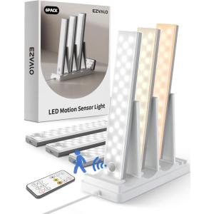imageEZVALO 6Pack Under Cabinet Lighting with Charging Station 2000mAh Rechargeable Wireless Motion Sensor Lights 3 Color Temps Dimmable Timer Magnetic with Remote Control for Kitchen Closet Stair6Pack with Station