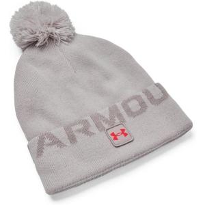 imageUnder Armour Mens Halftime Fleece Pom Beanie592 Ghost Gray  Tin  Bolt Red