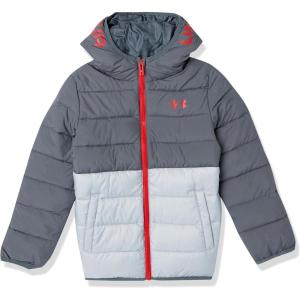 imageUnder Armour Boys Pronto Colorblock Puffer Jacket MidWeight Zip Up Closure Repels WaterPitch Gray Colorblock