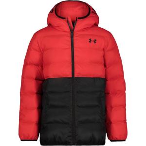 imageUnder Armour Boys Pronto Colorblock Puffer Jacket MidWeight Zip Up Closure Repels WaterRed