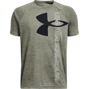 imageUnder Armour Boys Tech Split Logo Hybrid ShortSleeve TShirt392 Marine Od Green   Black