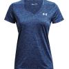 imageUnder Armour Womens Tech VNeck Twist ShortSleeve TShirtIndigo 405Metallic Silver
