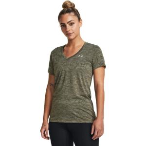 imageUnder Armour Womens Tech VNeck Twist ShortSleeve TShirt390 Marine Od Green  White  Metallic Silver