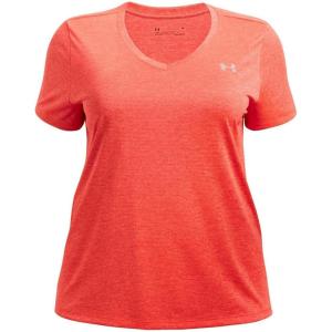 imageUnder Armour Womens Tech VNeck Twist ShortSleeve TShirtElectric Tangerine 824Metallic Silver