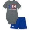 imageUnder Armour babyboys 3piece Set Bodysuit Graphic Tshirt and Shorts Crew NecklinePitch Gray Icon Flag