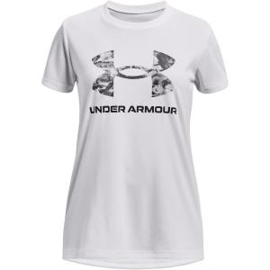 imageUnder Armour Girls Tech Print Big Logo Short Sleeve Crew101 White   Black