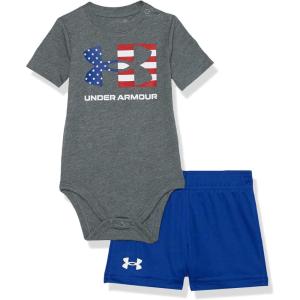 imageUnder Armour babyboys 3piece Set Bodysuit Graphic Tshirt and Shorts Crew NecklinePitch Gray Icon Flag