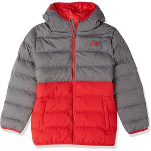 imageUnder Armour boys Pronto Colorblock Puffer Jacket Midweight Zip Up Closure Repels WaterPitch GrayRed