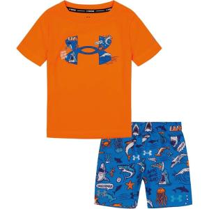 image:imageUnder Armour boys 2piece Rashguard Swim Set Short Sleeve Surf Shirt and Volley Trunks Upf 50 Sun ProtectionOrange Shark