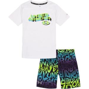 image:imageUnder Armour boys 2piece Rashguard Swim Set Short Sleeve Surf Shirt and Volley Trunks Upf 50 Sun ProtectionWarp Logo White