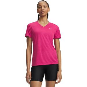 image:imageUnder Armour Womens Velocity Twist Short Sleeve V Neck T Shirt622 Virtual Pink   Metallic Silver