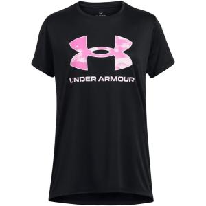 image:imageUnder Armour Girls Tech Print Big Logo Short Sleeve Crew003 Black   Stellar Pink
