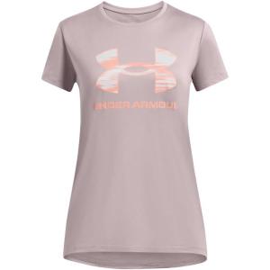 image:imageUnder Armour Girls Tech Print Big Logo Short Sleeve Crew015 Tetra Gray   Flare Orange