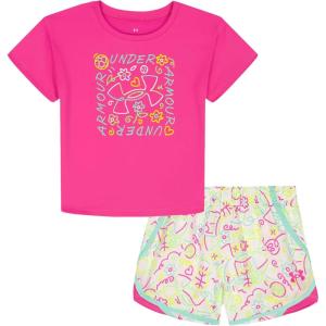 image:imageUnder Armour Girls 2piece Short Sleeve Tee and Shorts Set Lightweight and ComfortablePink Rave Printed