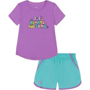 image:imageUnder Armour Girls 2piece Short Sleeve Tee and Shorts Set Lightweight and ComfortablePurple Awesome