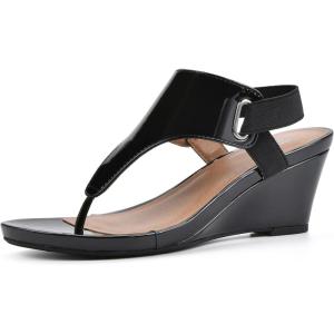 imageWHITE MOUNTAIN Womens All Dres Triangle Thong SlingBack Wedge SandalBlackPatentSmooth
