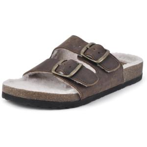 imageWHITE MOUNTAIN Womens Helga Flat SandalBrownLeather WFaux Shearling