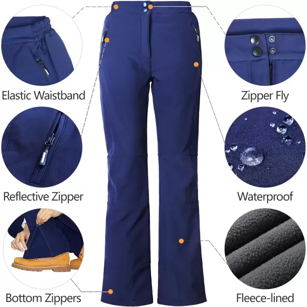 imageOutdoor Ventures Womens Sleek Waterproof Softshell Fleece Lined Ski Snow Insulated High Rise Hiking Pants with Bottom ZipperDark Blue Elastic Waistband