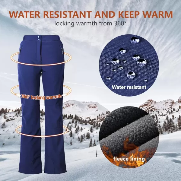 imageOutdoor Ventures Womens Sleek Waterproof Softshell Fleece Lined Ski Snow Insulated High Rise Hiking Pants with Bottom ZipperNew Dark Blue  Elastic Waistband