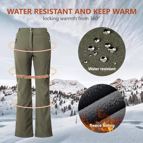 imageOutdoor Ventures Womens Sleek Waterproof Softshell Fleece Lined Ski Snow Insulated High Rise Hiking Pants with Bottom ZipperNew Olive Green  Elastic Waistband