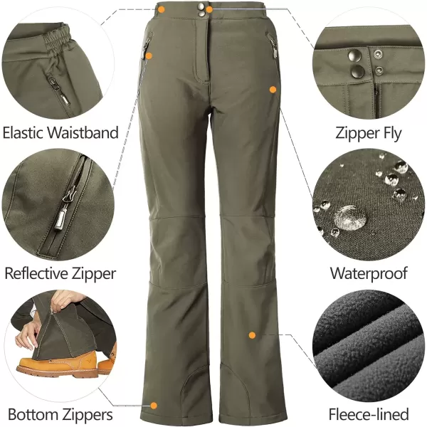 imageOutdoor Ventures Womens Sleek Waterproof Softshell Fleece Lined Ski Snow Insulated High Rise Hiking Pants with Bottom ZipperNew Olive Green  Elastic Waistband