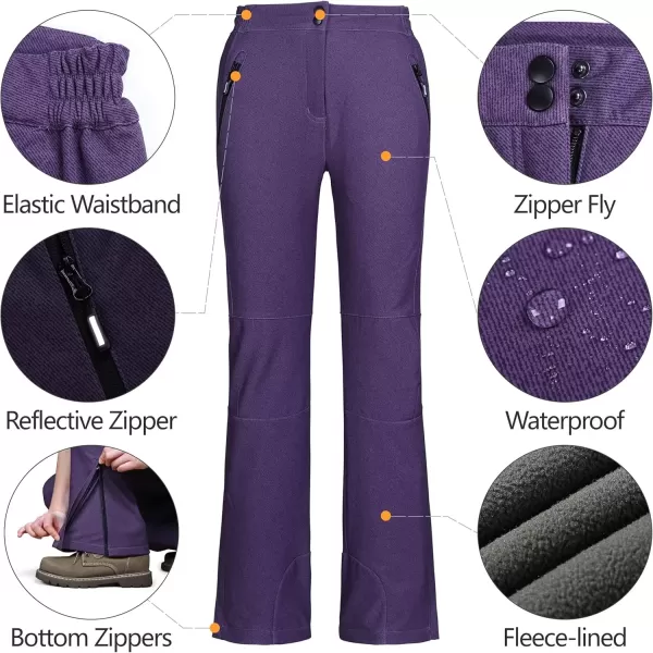 imageOutdoor Ventures Womens Sleek Waterproof Softshell Fleece Lined Ski Snow Insulated High Rise Hiking Pants with Bottom ZipperPurple Melange  Elastic Waistband