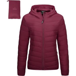 imageOutdoor Ventures Womens Packable Lightweight FullZip Puffer Jacket with Hood Quilted Winter CoatDark Redfold in Pocket