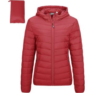 imageOutdoor Ventures Womens Packable Lightweight FullZip Puffer Jacket with Hood Quilted Winter CoatRedfold in Pocket