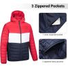 imageOutdoor Ventures Mens Lightweight Packable Hooded Puffer Jacket Insulated Winter Coat for Snow Ski TravelingRedWhiteBluefold in Pocket