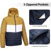 imageOutdoor Ventures Mens Lightweight Packable Hooded Puffer Jacket Insulated Winter Coat for Snow Ski TravelingYellowWhiteBluefold in Pocket