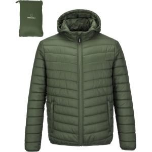 imageOutdoor Ventures Mens Lightweight Packable Hooded Puffer Jacket Insulated Winter Coat for Snow Ski TravelingArmy Greenfold in Pocket