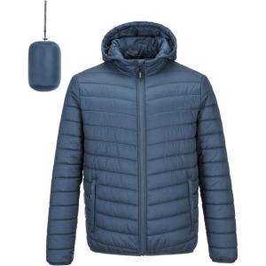 imageOutdoor Ventures Mens Lightweight Packable Hooded Puffer Jacket Insulated Winter Coat for Snow Ski TravelingBluefold in Bag