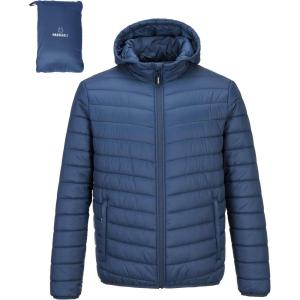 imageOutdoor Ventures Mens Lightweight Packable Hooded Puffer Jacket Insulated Winter Coat for Snow Ski TravelingCollegiate Navyfold in Pocket