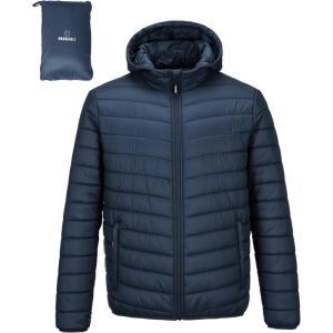 imageOutdoor Ventures Mens Lightweight Packable Hooded Puffer Jacket Insulated Winter Coat for Snow Ski TravelingDark Denimfold in Pocket Or Bag