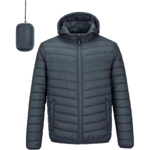 imageOutdoor Ventures Mens Lightweight Packable Hooded Puffer Jacket Insulated Winter Coat for Snow Ski TravelingDark Greyfold in Bag