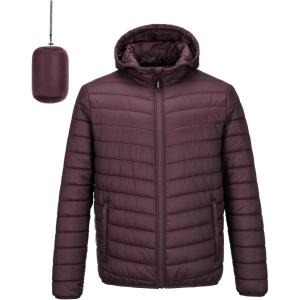 imageOutdoor Ventures Mens Lightweight Packable Hooded Puffer Jacket Insulated Winter Coat for Snow Ski TravelingEggplantfold in Bag